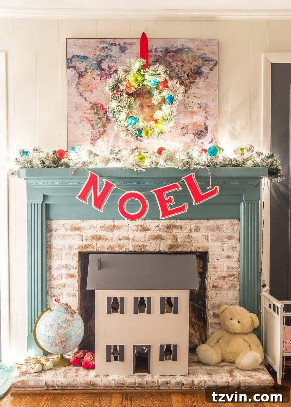 A Yuletide Candlelight Evening 8 Christmas Playroom Fireplace Mantel decorated for the holidays