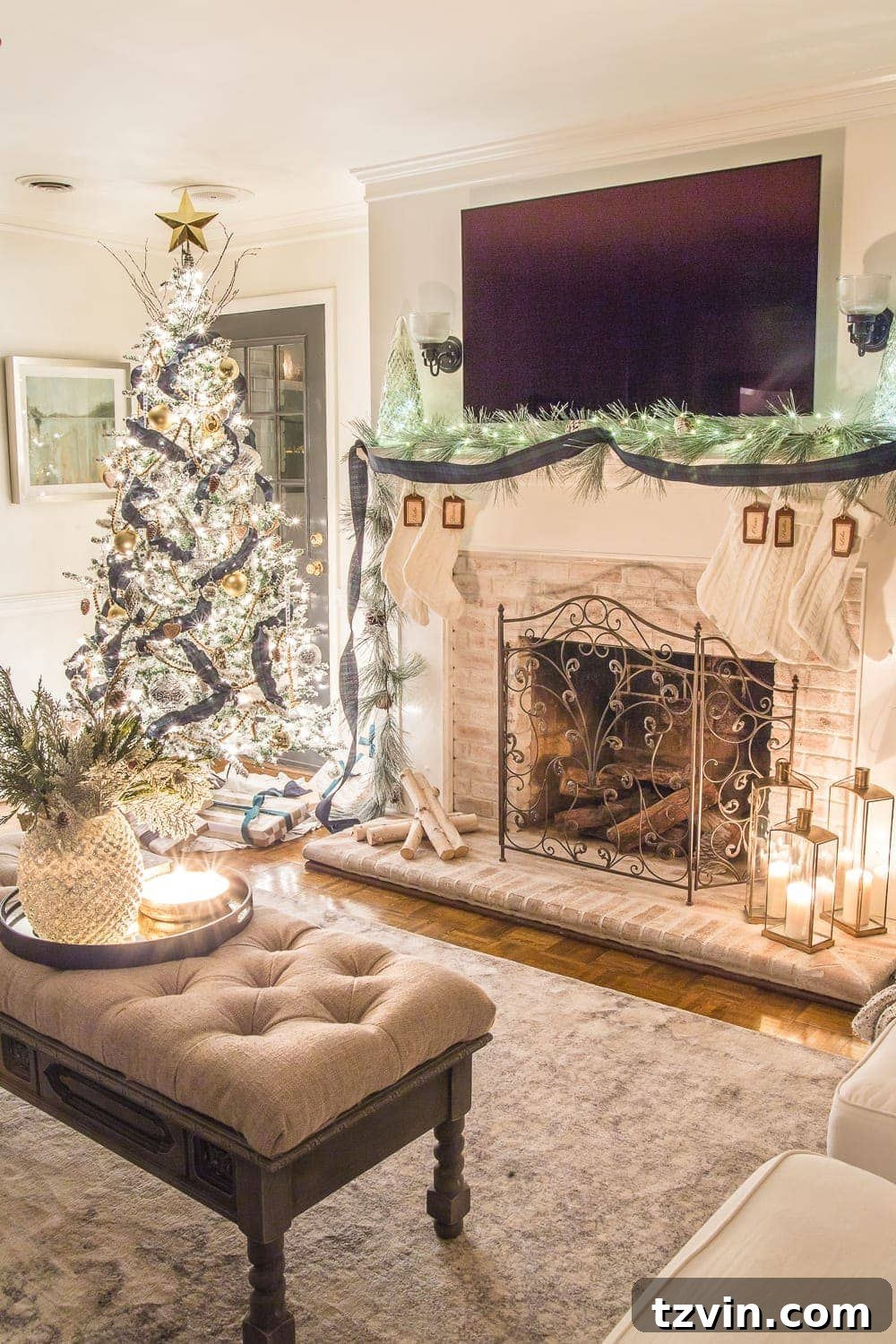A Yuletide Candlelight Evening 9 Cozy Christmas Living Room and Fireplace illuminated at night
