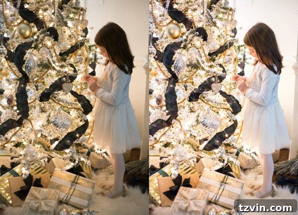 DIY Christmas Magic: Easy Family Photos at Home 14 Little girl standing in front of a tree for a Christmas family photoshoot, showcasing edited result