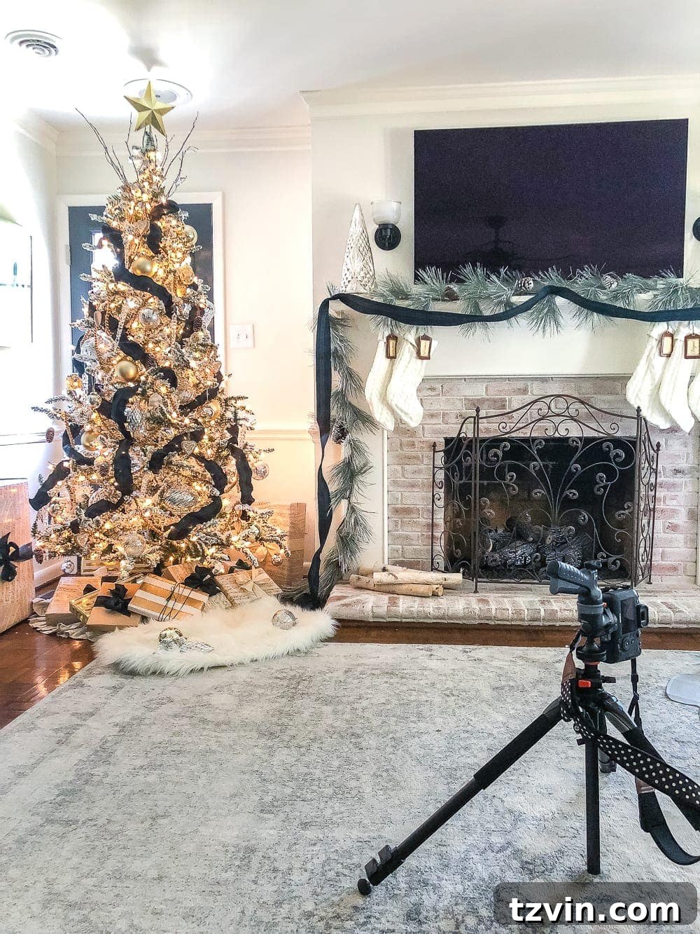 DIY Christmas Magic: Easy Family Photos at Home 5 How to set up your camera for a Christmas family photoshoot in front of a tree to achieve beautiful lighting