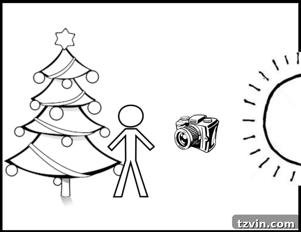 DIY Christmas Magic: Easy Family Photos at Home 7 Diagram illustrating how to position subjects, Christmas tree, and light source for DIY Christmas photos