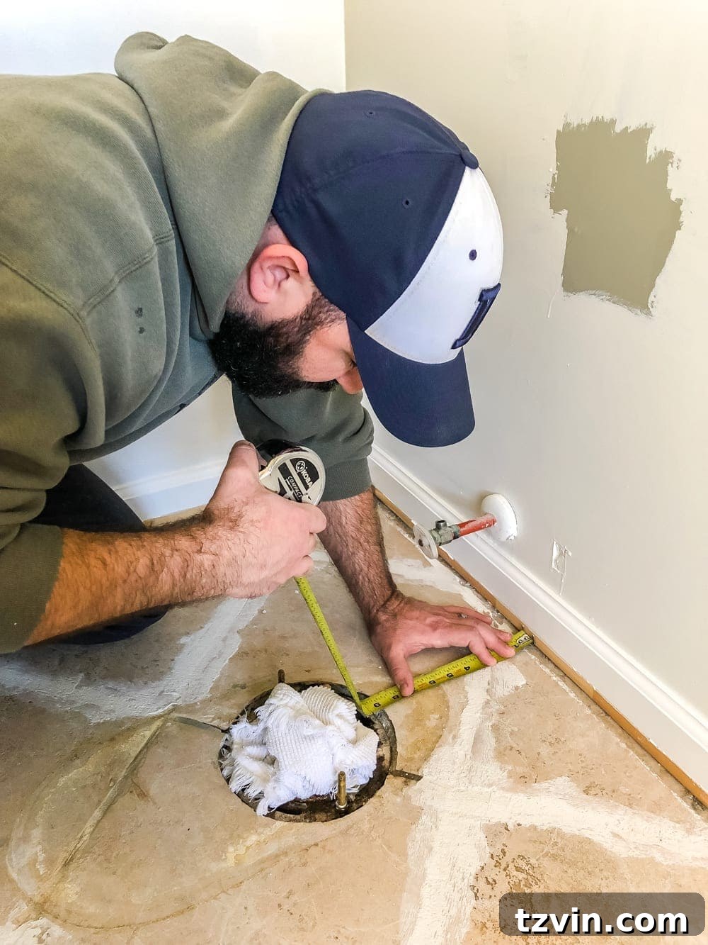 Install Sheet Vinyl Flooring Over Tile The Easy DIY Way 11 Measuring around a toilet flange for a precise flooring template