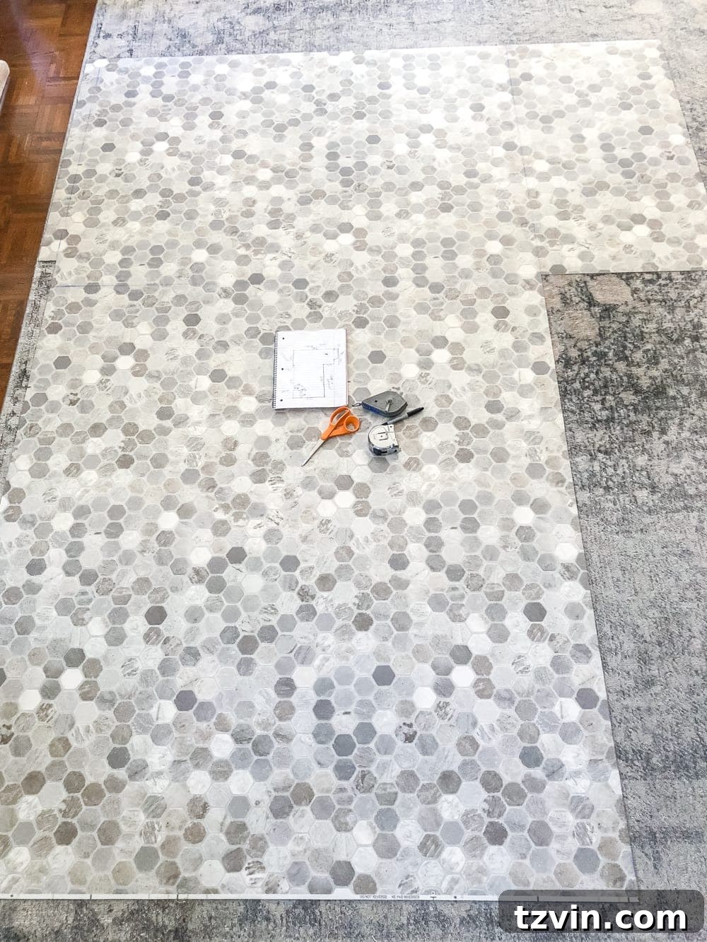 Install Sheet Vinyl Flooring Over Tile The Easy DIY Way 16 Completed cut template on sheet vinyl ready for installation