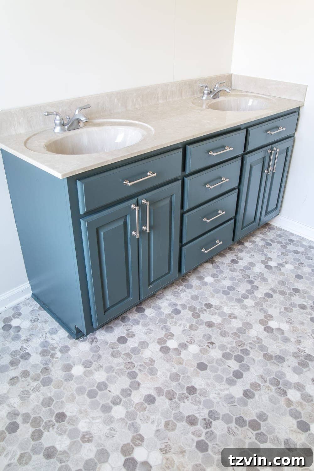 Install Sheet Vinyl Flooring Over Tile The Easy DIY Way 18 Finished sheet vinyl flooring installed over old tile in a bathroom