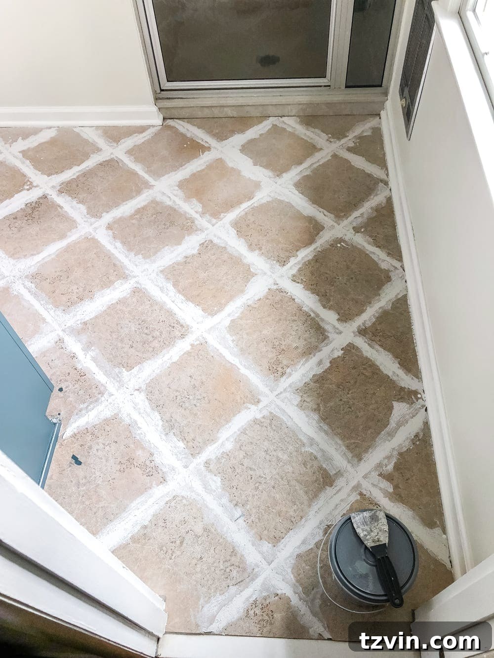 Install Sheet Vinyl Flooring Over Tile The Easy DIY Way 8 Smooth application of mortar filling tile grout lines