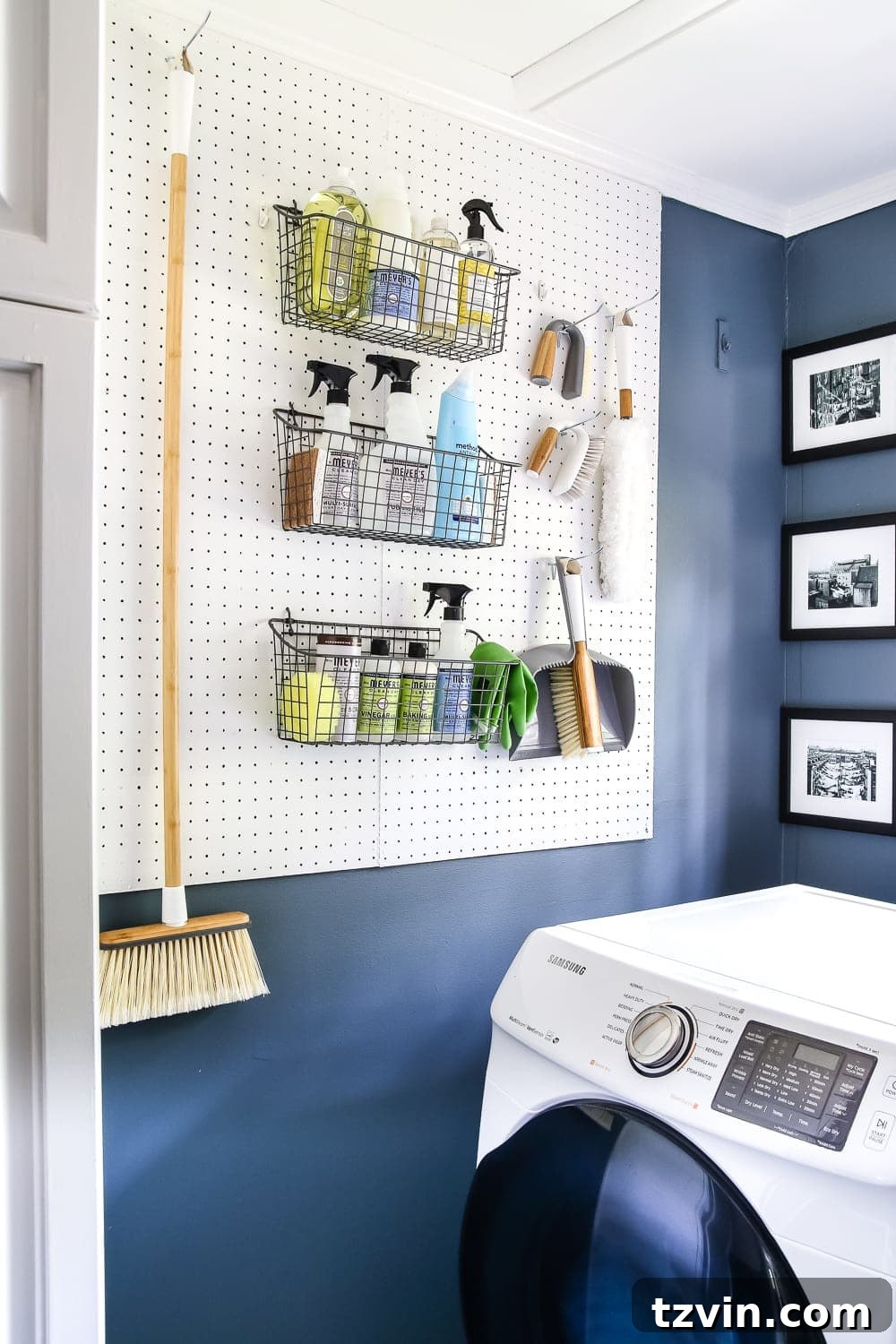 organized pegboard wall in a laundry room with cleaning supplies