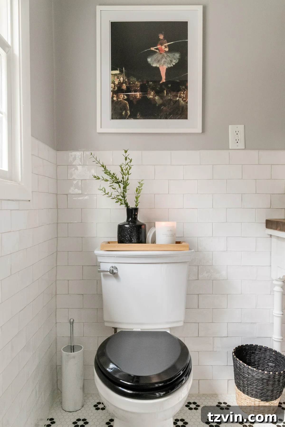 15 Stylish Secrets to Hide Household Eyesores 30 black and white bathroom with aesthetic toilet brush storage beside toilet