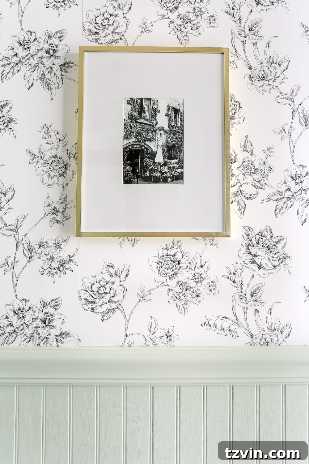 Luxury Lavatory Looks for Less 4 black and white photograph bathroom art featuring a flower market on flower wallpaper, adding depth and contrast