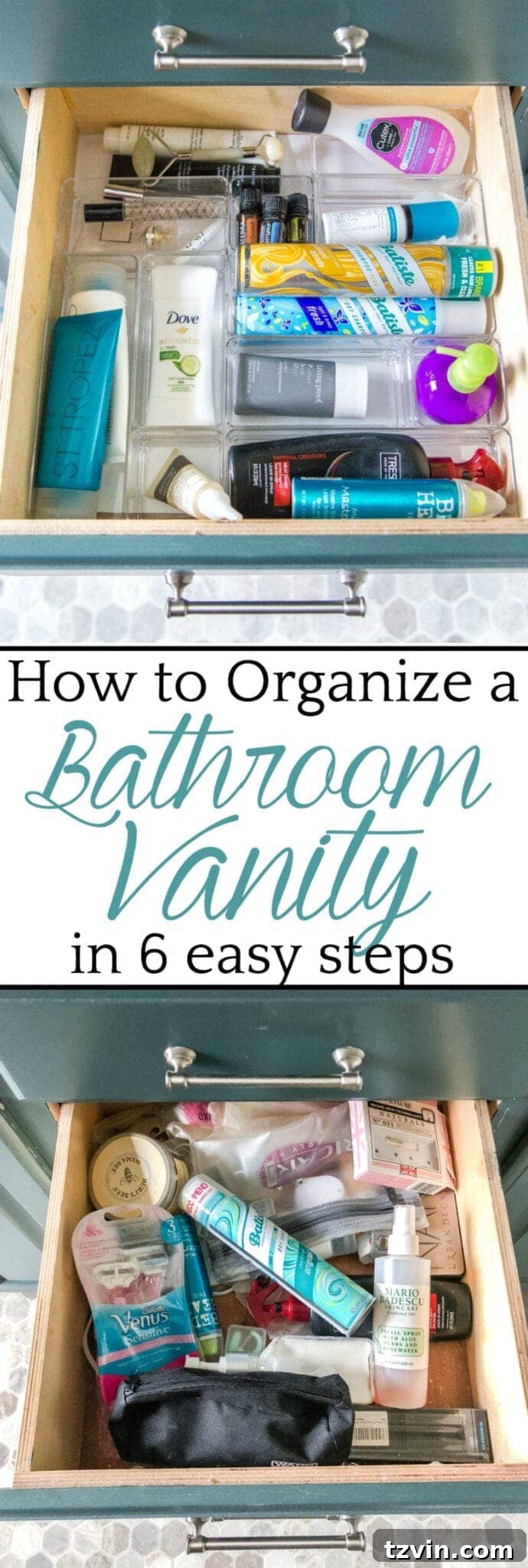 Pinterest pin for Bathroom Vanity Organization: steps and tools to keep drawers and cabinets tidy. #BathroomOrganizing #VanityMakeover #StorageSolutions