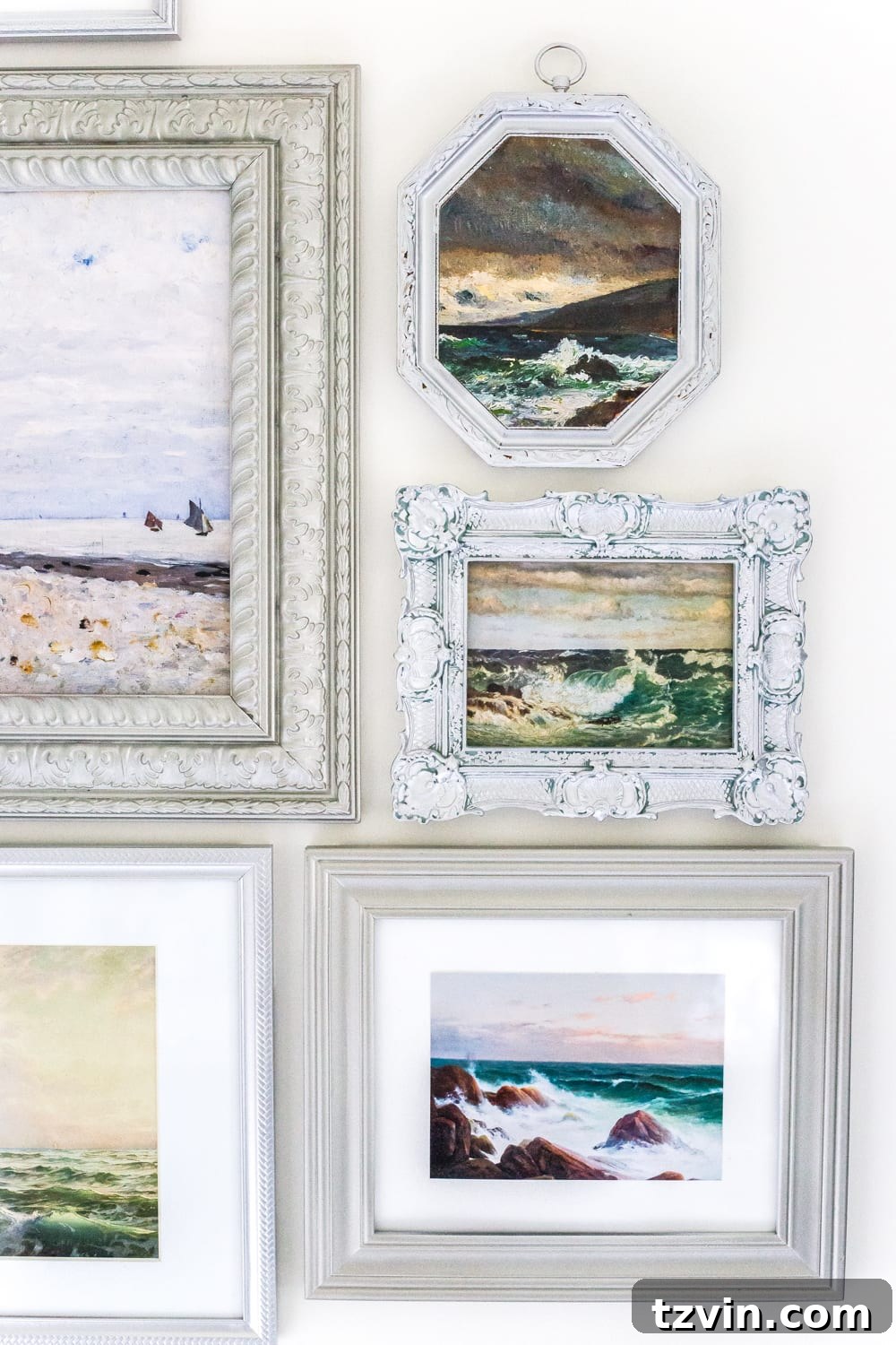 Master Bathroom Makeover: Stunning Results On A Budget 16 Close-up of framed coastal landscape art from the bathroom gallery wall