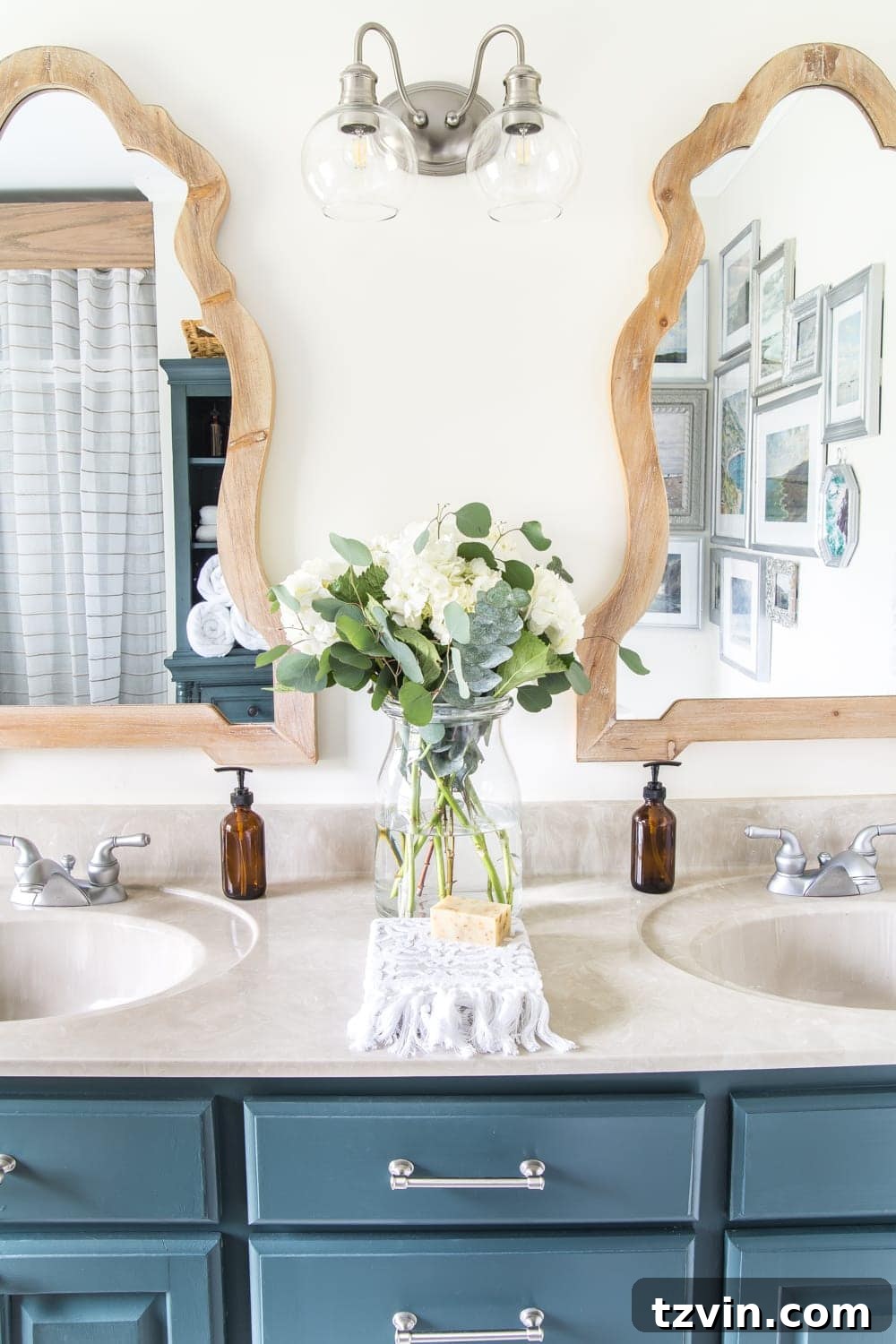 Master Bathroom Makeover: Stunning Results On A Budget 4 Painted master bathroom vanity with new brushed nickel pulls and wooden arch mirrors