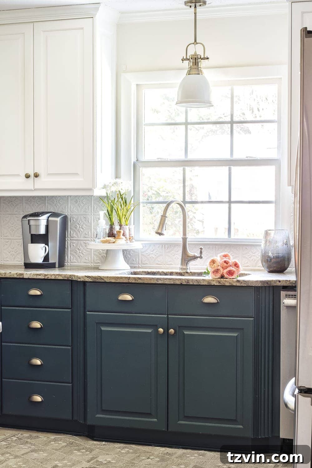 My Spring Oasis: A Home Tour 10 Kitchen with dark green lower cabinets and white upper cabinets, featuring a budget-friendly facelift.