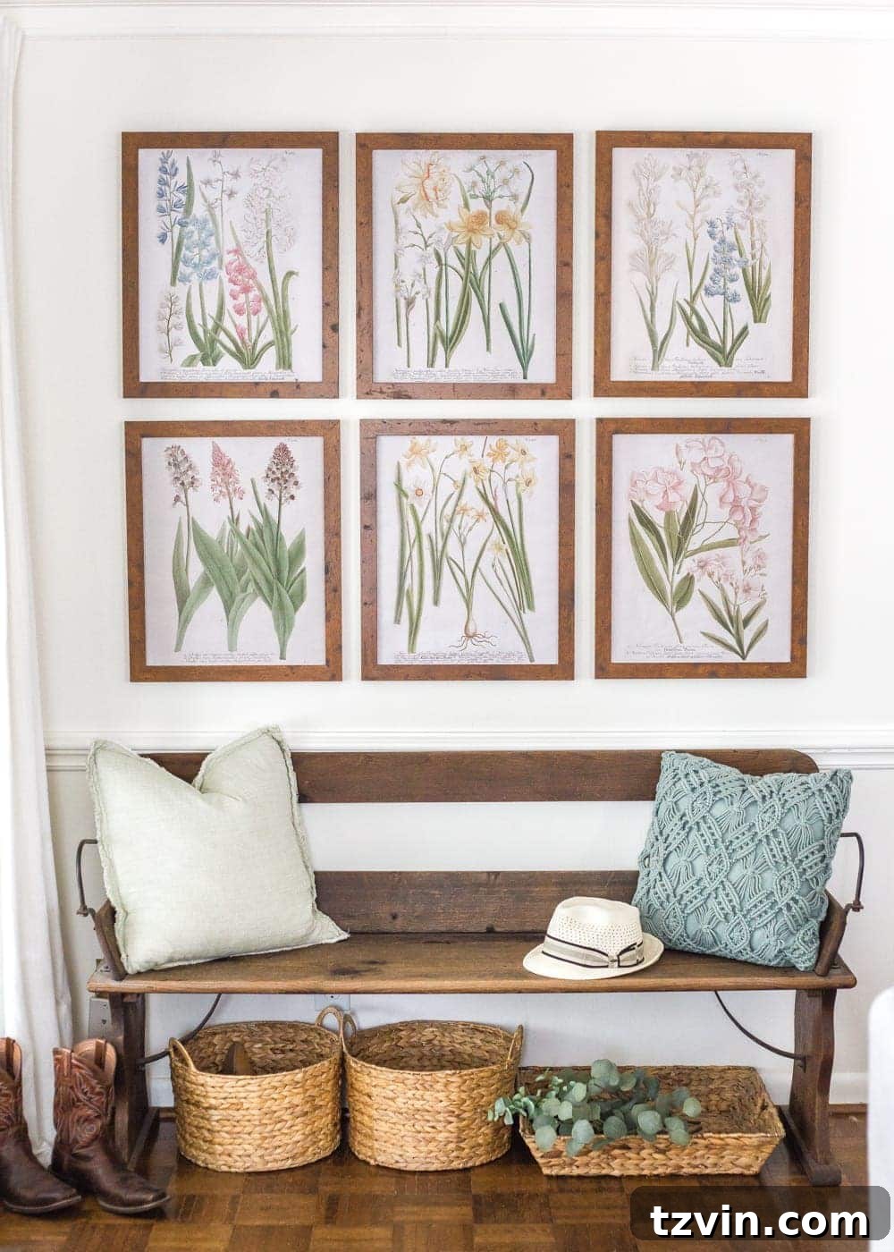 My Spring Oasis: A Home Tour 21 Detail of the makeshift mudroom area with botanical art, emphasizing functional and beautiful entry decor.