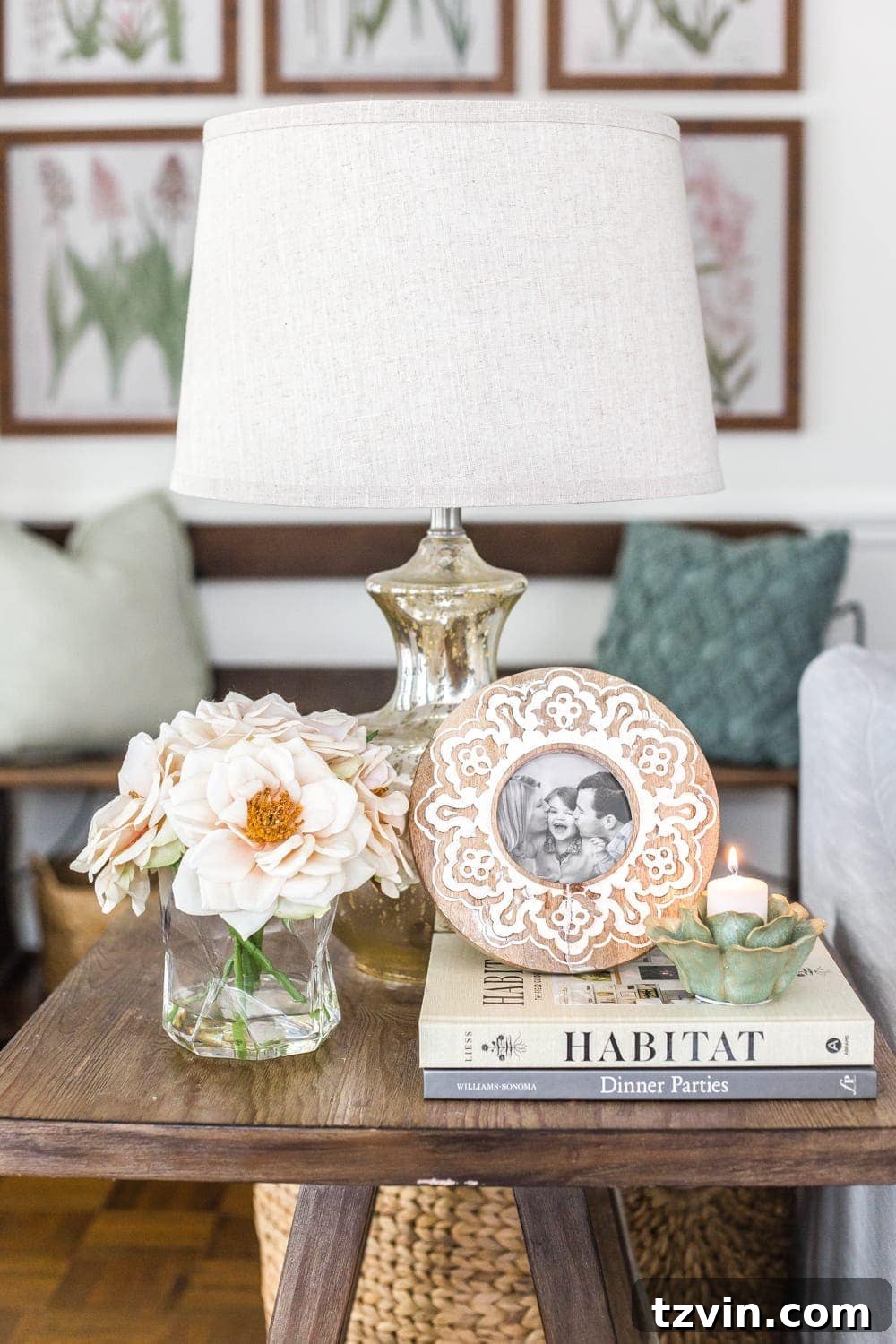 My Spring Oasis: A Home Tour 24 Living room end table styled with artificial florals and minimal spring decor, creating a serene corner.