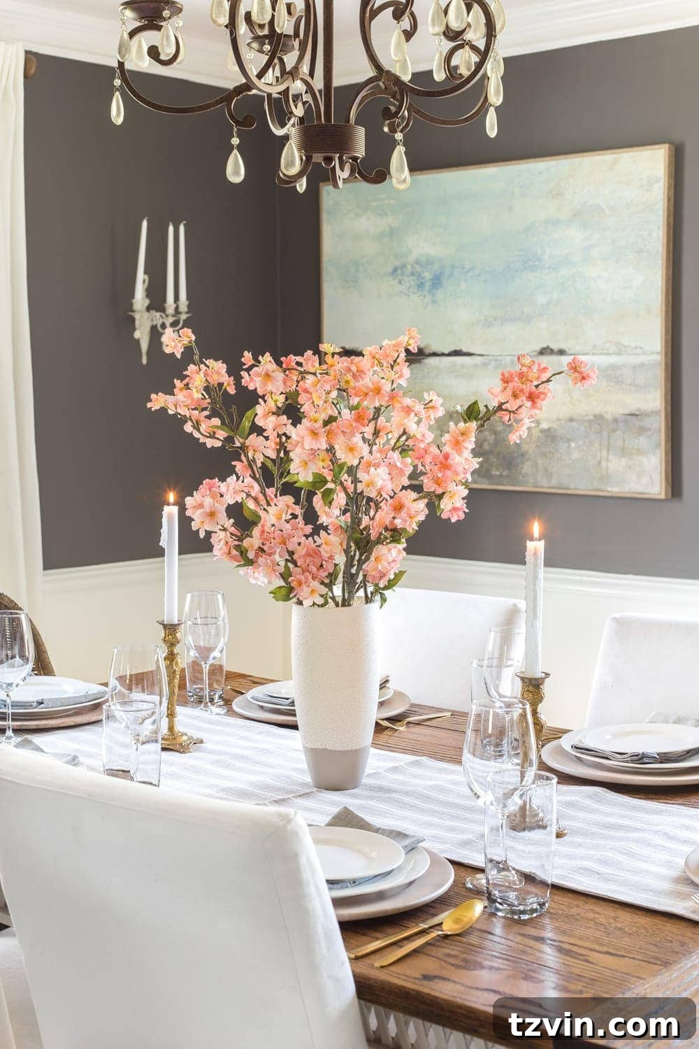 My Spring Oasis: A Home Tour 5 Dining table set with timeless neutral china and a spring floral centerpiece.