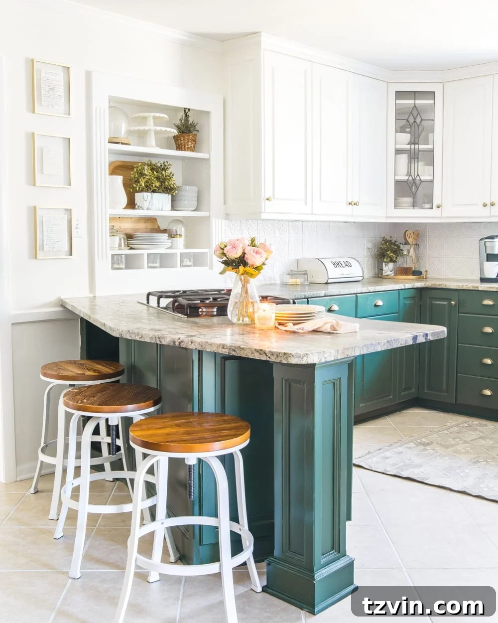 My Spring Oasis: A Home Tour 7 Bright kitchen with subtle spring touches, featuring neutral stoneware and wooden accents.