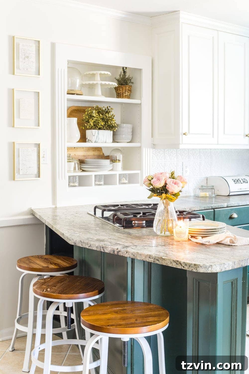 My Spring Oasis: A Home Tour 8 Kitchen countertop with a lit candle, adding warmth and warding off cooking smells.