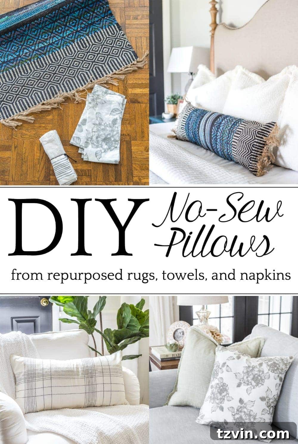 Unlock Stunning Throw Pillows with 3 Repurposed Items 2 Transform everyday items into chic no-sew throw pillows | Learn how to make budget-friendly DIY pillows from repurposed rugs, kitchen towels, and cloth napkins without any sewing. #DIYHomeDecor #NoSewPillows #BudgetDecorating #RepurposeIdeas #HomeAccents