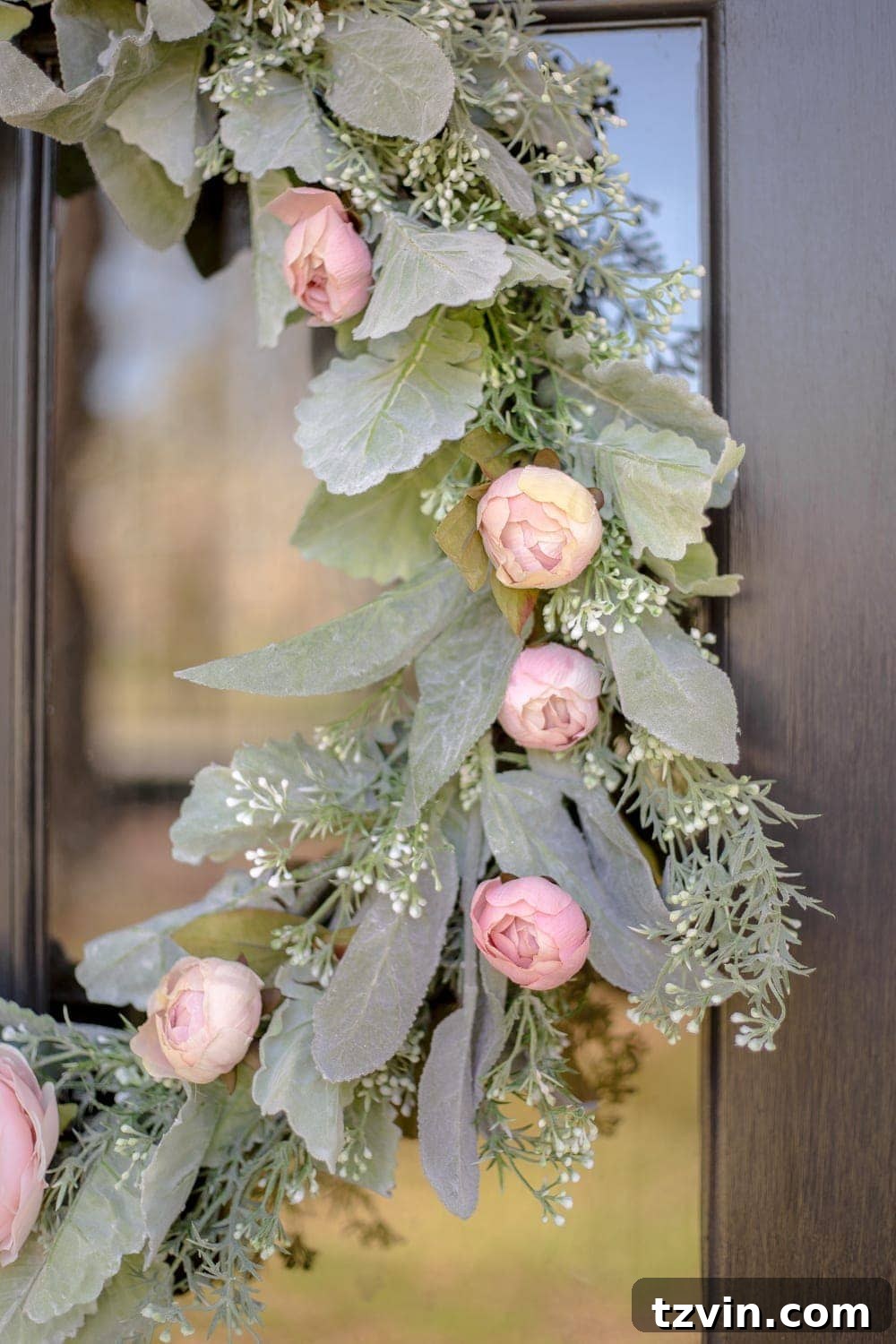 DIY Sage and Blush Spring Wreath | A step-by-step tutorial for making a spring wreath from scratch using artificial sage greenery and blush flowers for soft, romantic style.