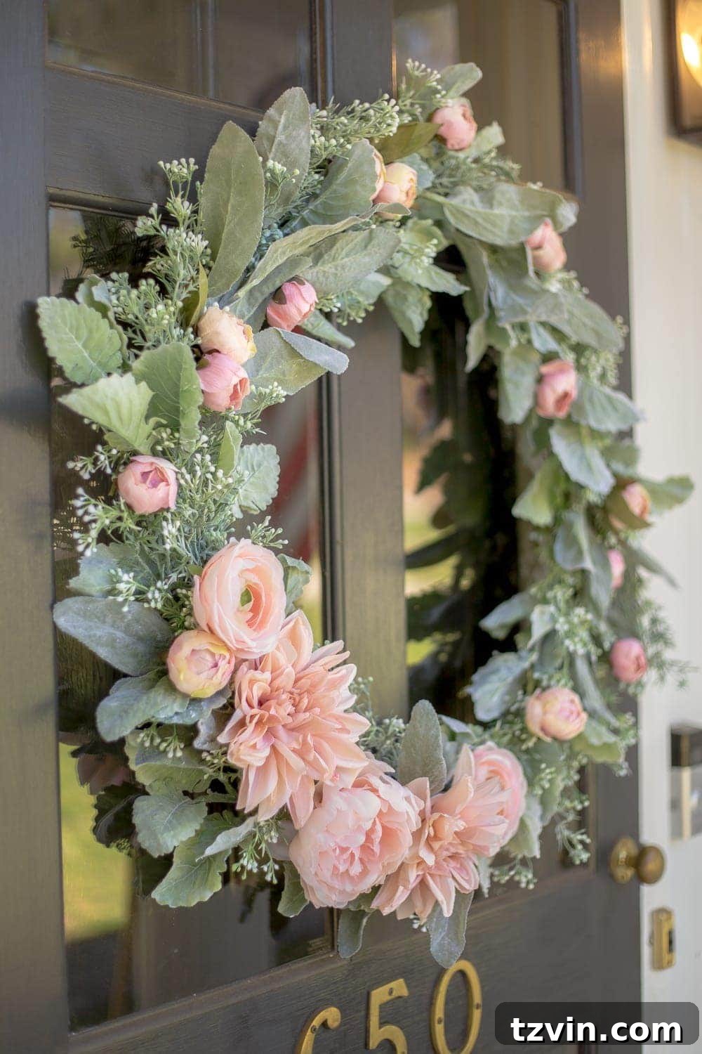 DIY Sage and Blush Spring Wreath | A step-by-step tutorial for making a spring wreath from scratch using artificial sage greenery and blush flowers for soft, romantic style.