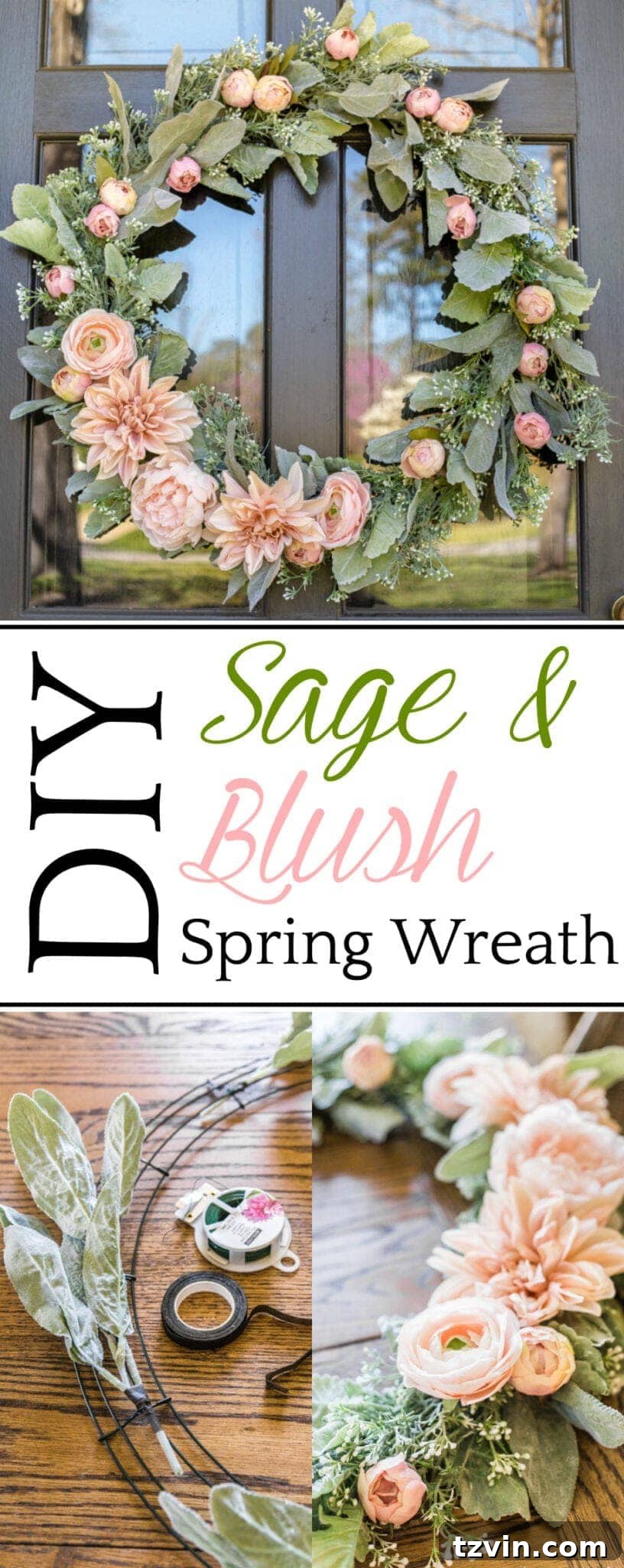 DIY Sage and Blush Spring Wreath | A step-by-step tutorial for making a spring wreath from scratch using artificial sage greenery and blush flowers for soft, romantic style.