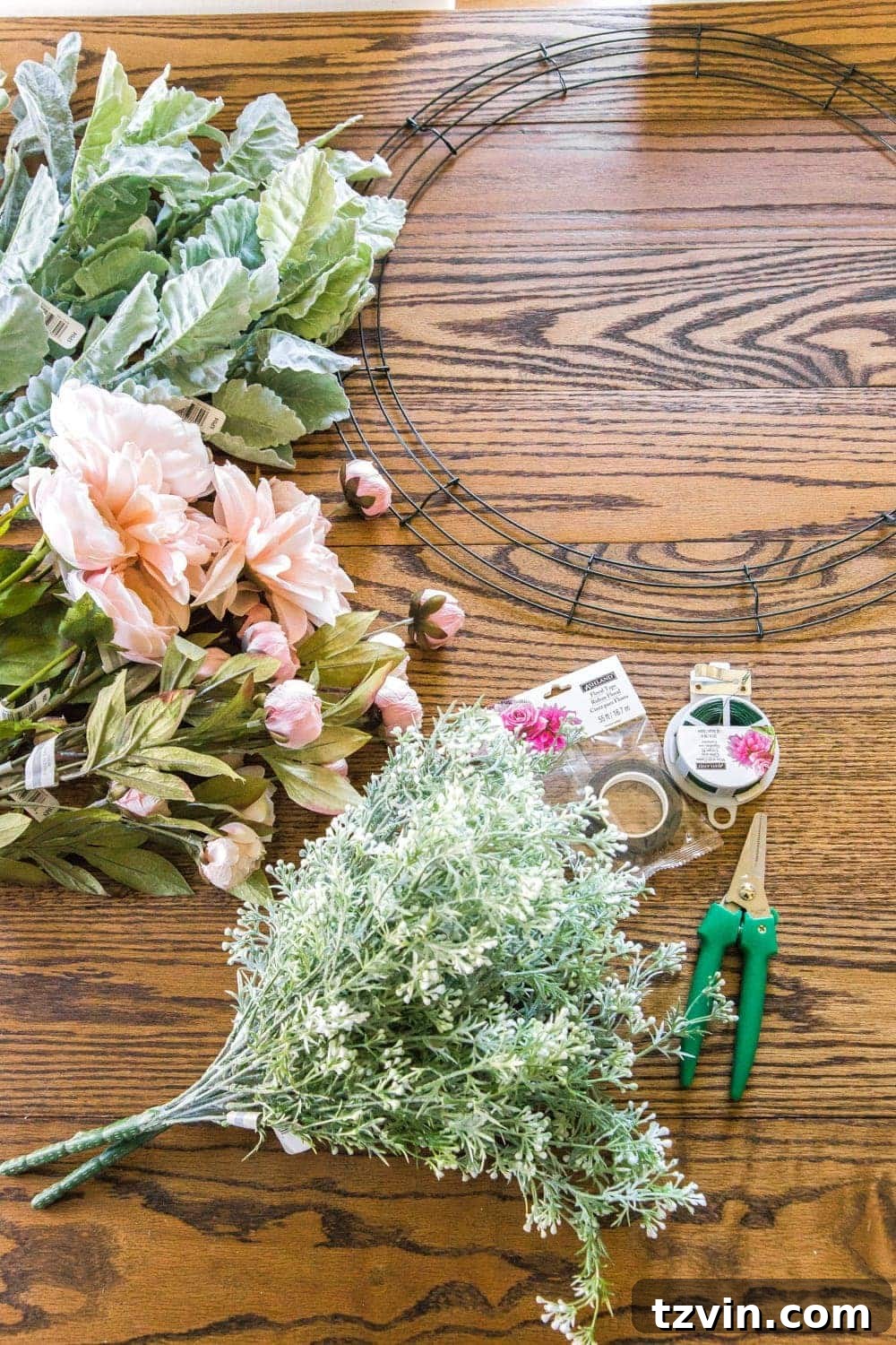 DIY Sage and Blush Spring Wreath | A step-by-step tutorial for making a spring wreath from scratch using artificial sage greenery and blush flowers for soft, romantic style.