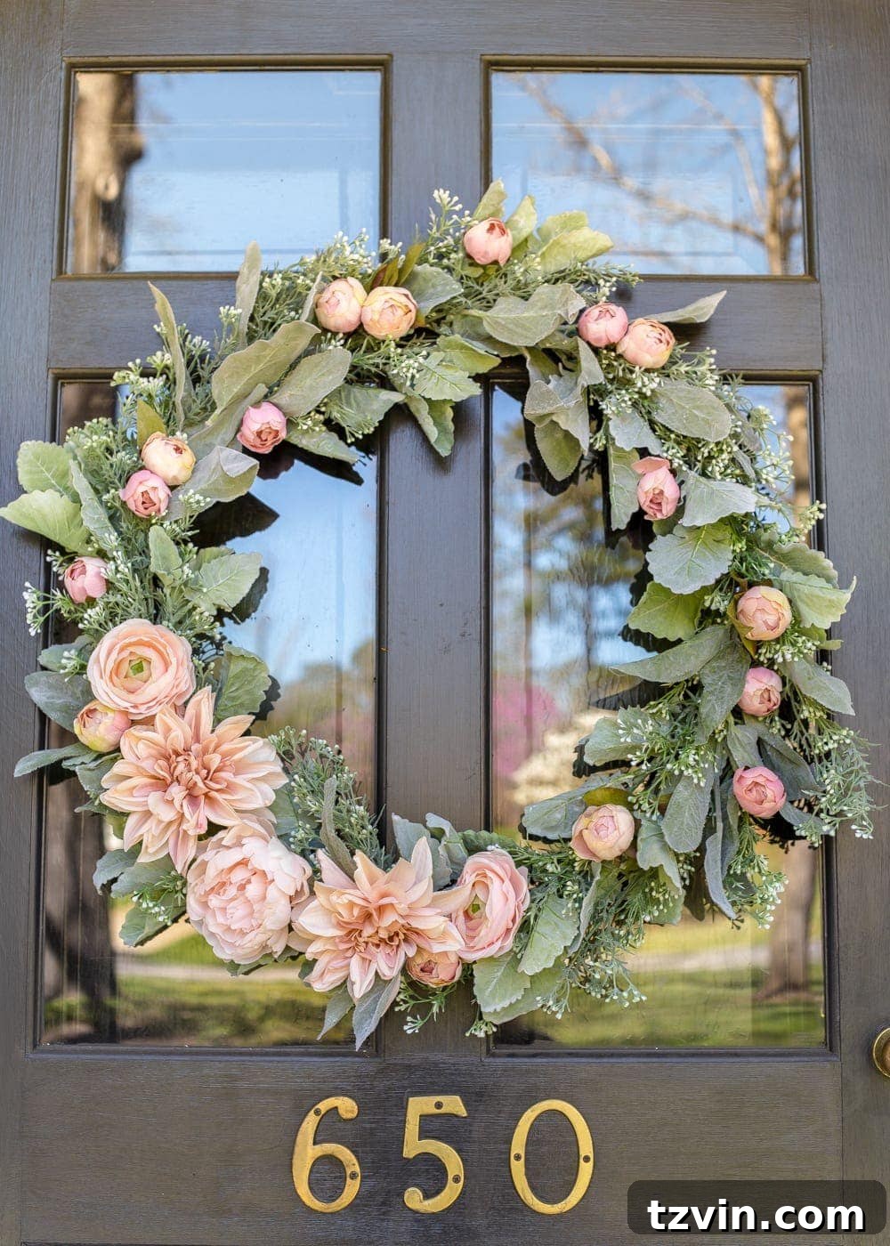 DIY Sage and Blush Spring Wreath | A step-by-step tutorial for making a spring wreath from scratch using artificial sage greenery and blush flowers for soft, romantic style.