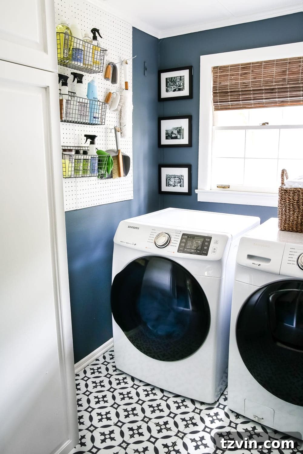 Two Years In: Our Home's Stunning Before and After 22 Close-up of integrated shelving and cabinetry in the laundry room, designed for maximum organization and aesthetic appeal.