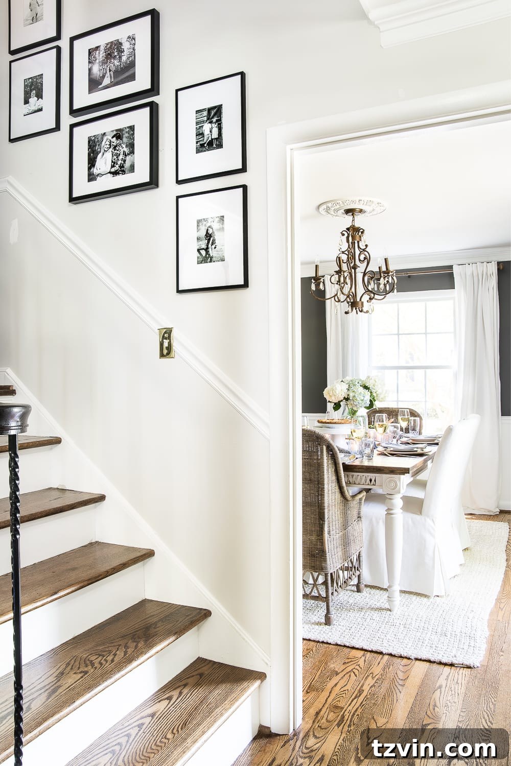 Two Years In: Our Home's Stunning Before and After 8 Close-up of a rustic wooden bench and woven basket in a newly decorated foyer, reflecting modern farmhouse charm.