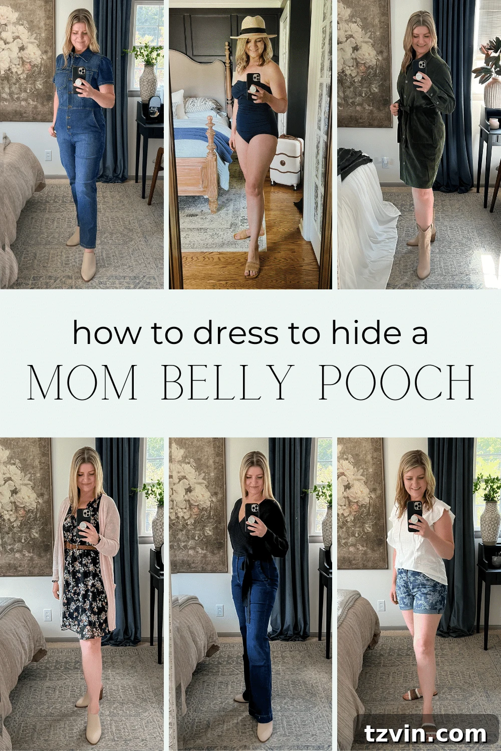 Simplified styling tips and tricks with outfit ideas for hiding postpartum belly pooch to feel confident in a postpartum mommy body.