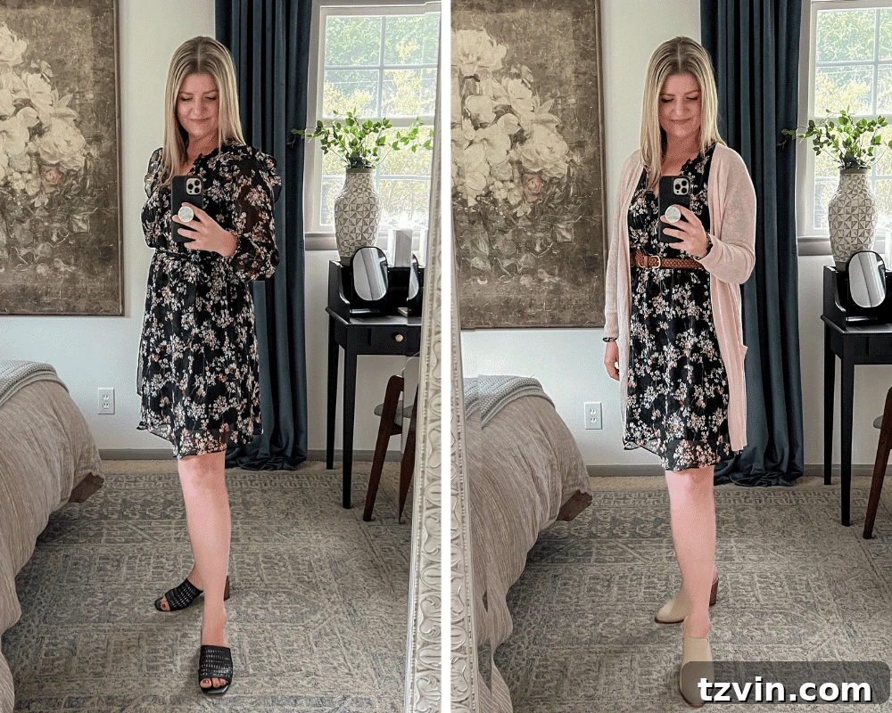 styling a dress to hide tummy with belt and cardigan