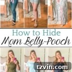 7 fashion tips for hiding postpartum mom bod and belly pooch without looking frumpy along with budget-friendly places to buy them.