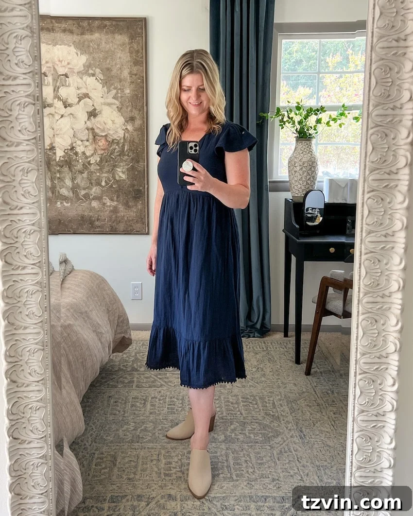 navy blue linen midi dress postpartum outfit