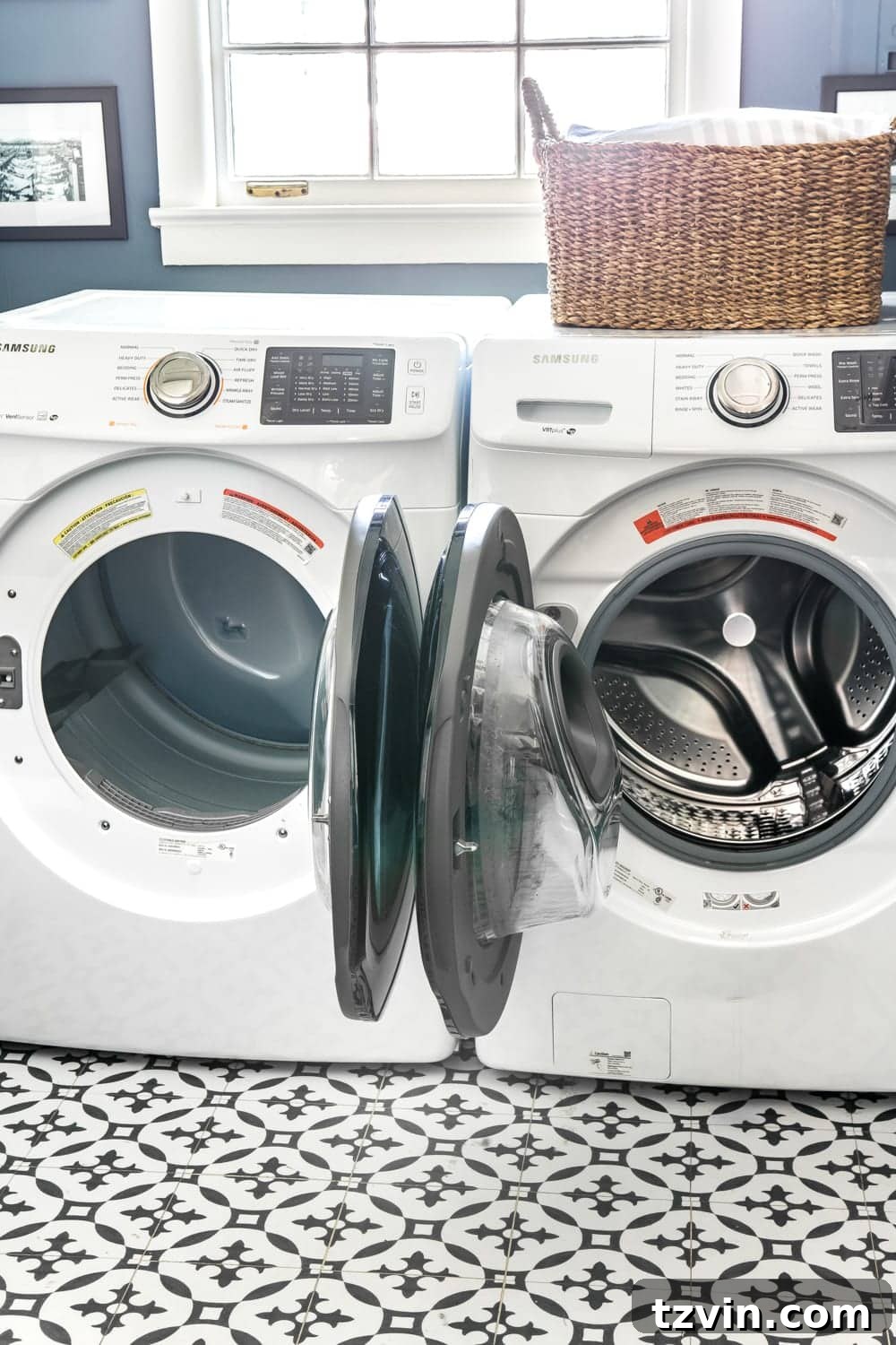 Navigating Washer and Dryer Connections 3 Samsung front-load washer and dryer in a laundry room