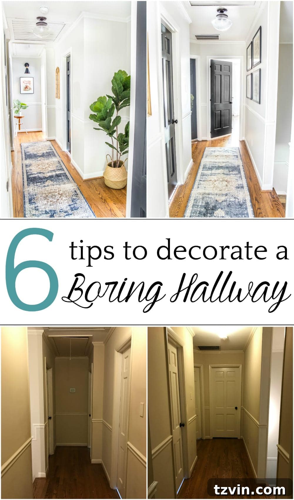 6 Hallway Decor Ideas | DIY and decorating ideas to add interest to a boring window-less hallway + thrifting project tutorials and free printables to pull it off inexpensively.