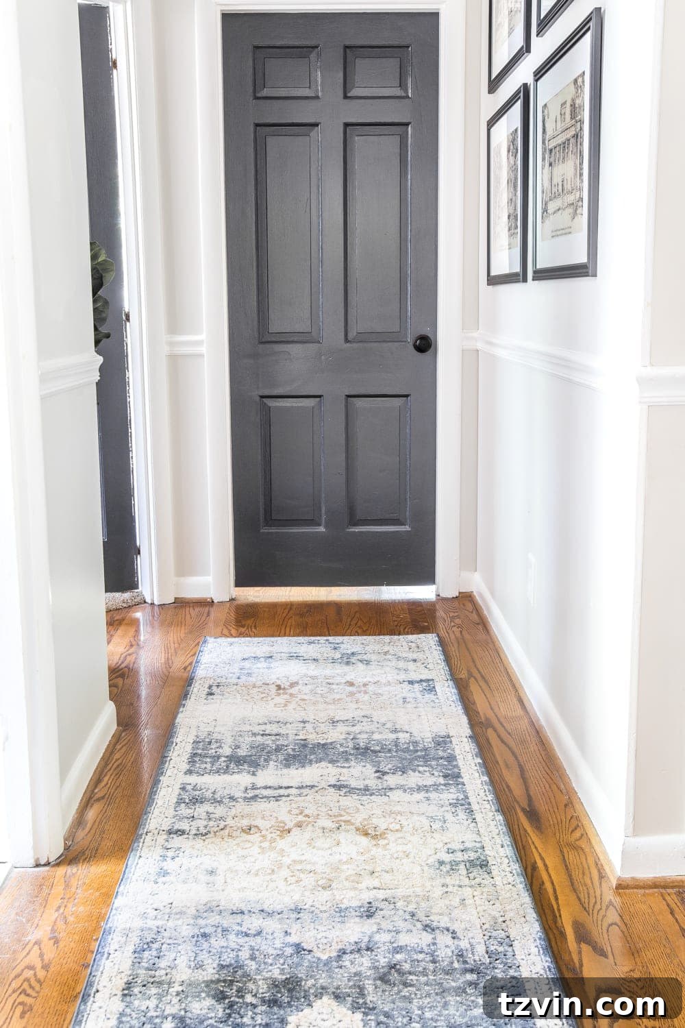 dark charcoal doors and hallway runner