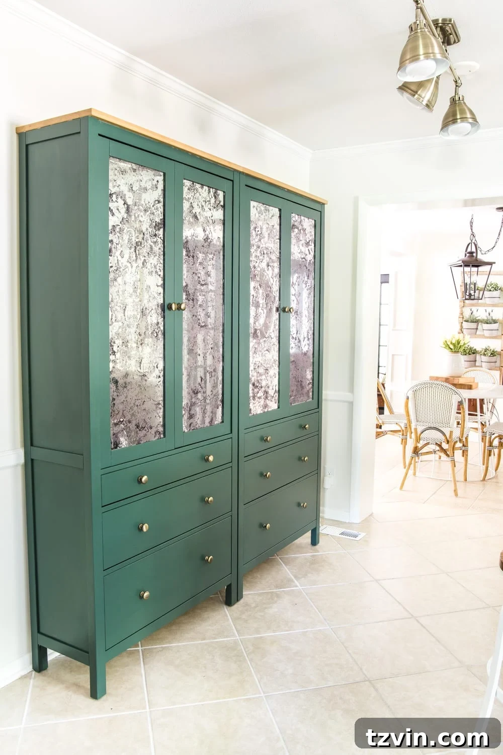 Hacking IKEA Hemnes for Your Pantry 21 Close-up of antique mirror window film on an IKEA Hemnes pantry cabinet painted Sherwin Williams Billiard
