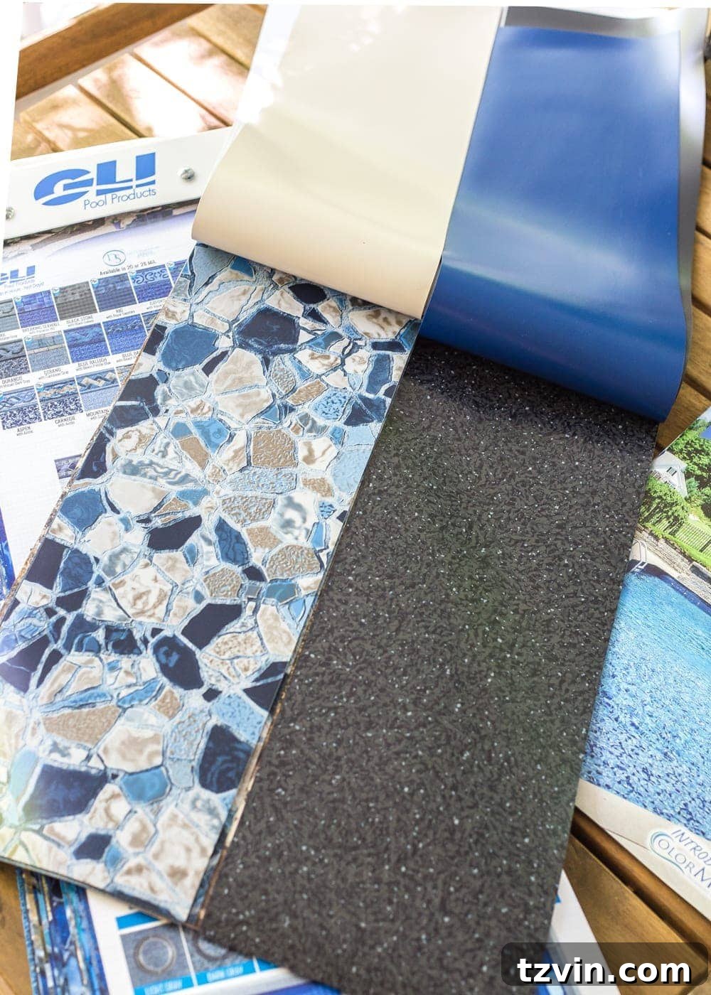 Backyard Before Tour and Pool Makeover Plans | blesserhouse.com - GLI Pool Products Pearlstone and Black Galaxy Vinyl Liner
