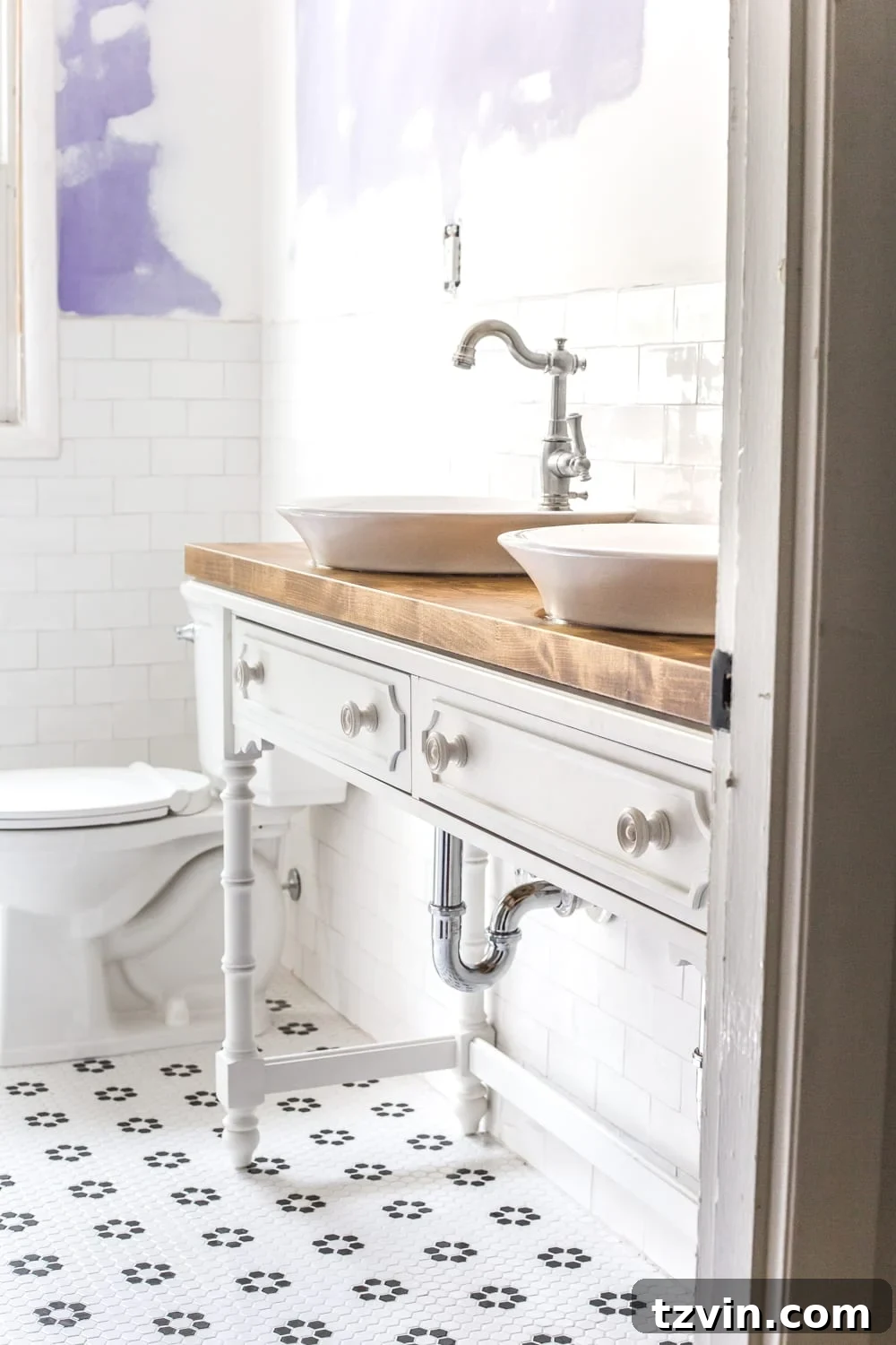 Upcycling a Console Table into a Chic Bathroom Vanity 2 Completed console table repurposed as a double sink bathroom vanity