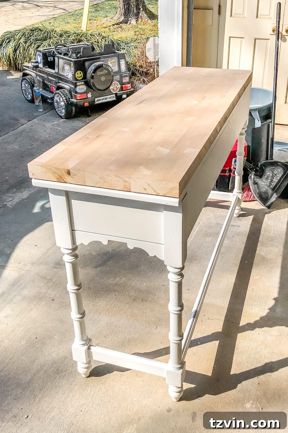 Upcycling a Console Table into a Chic Bathroom Vanity 11 Cutting sink holes in a butcher block countertop
