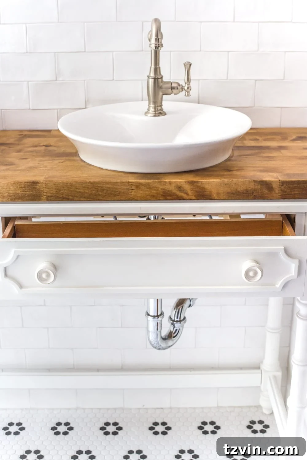Upcycling a Console Table into a Chic Bathroom Vanity 15 Finished custom bathroom vanity with dual vessel sinks and repurposed console table base