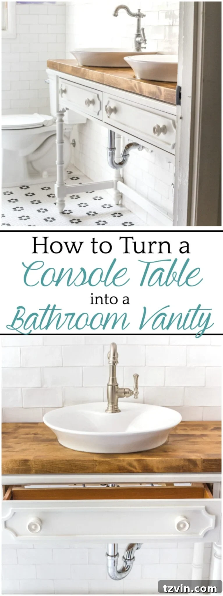 Upcycling a Console Table into a Chic Bathroom Vanity 17 Pinterest graphic for DIY Console Table to Bathroom Vanity tutorial