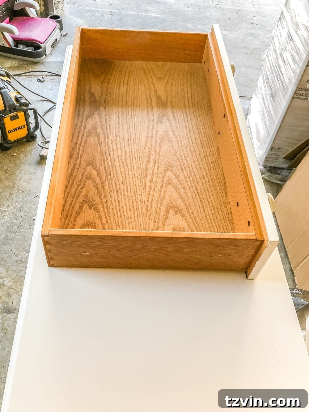 Upcycling a Console Table into a Chic Bathroom Vanity 5 Tools laid out for the console table to vanity conversion