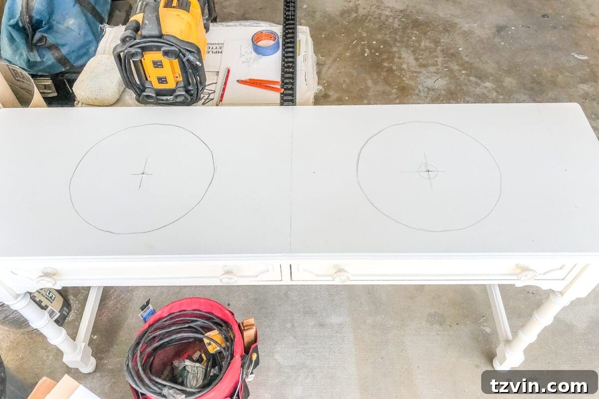 Upcycling a Console Table into a Chic Bathroom Vanity 9 Marking the console table top for sink cutouts