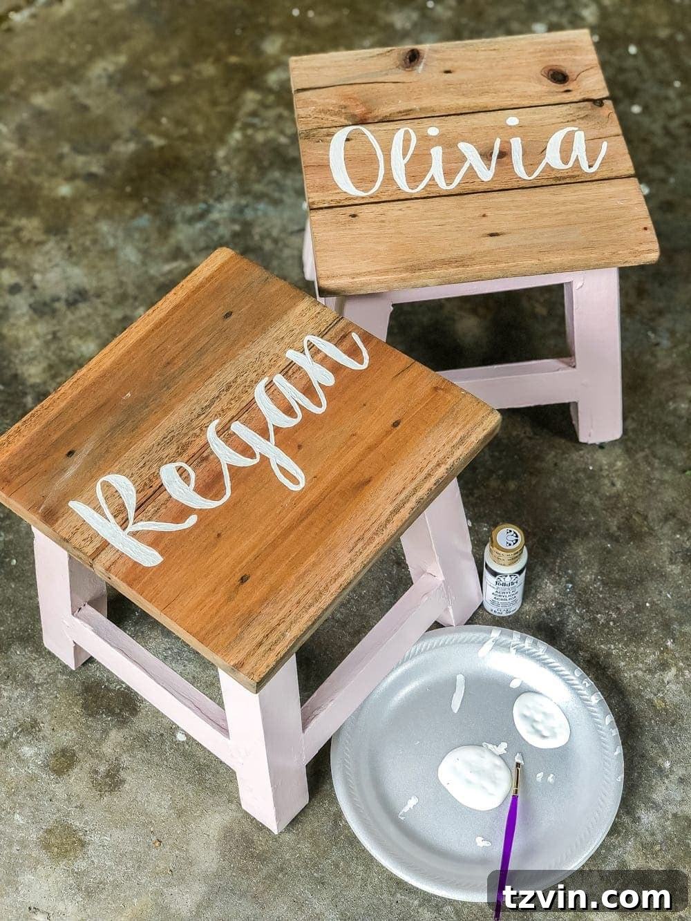 Craft Your Own Custom Step Stool 11 DIY Personalized Step Stools - Close-up of finished painted name on wood. #personalizedstepstool #diysign #diymonogram
