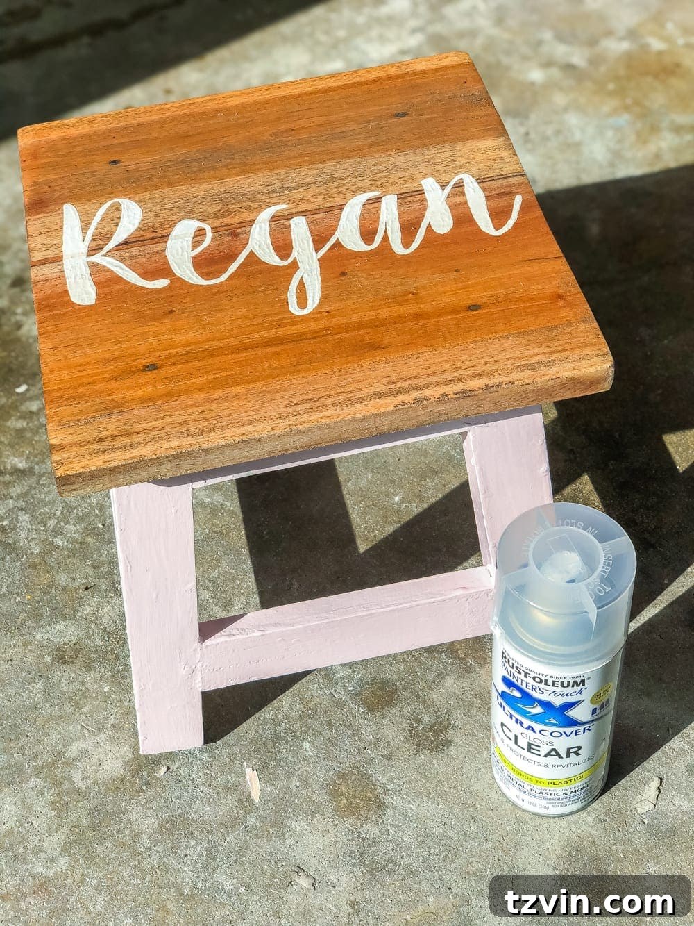 Craft Your Own Custom Step Stool 12 DIY Personalized Step Stools - Sealing personalized step stools with clear coat. #personalizedstepstool #diysign #diymonogram