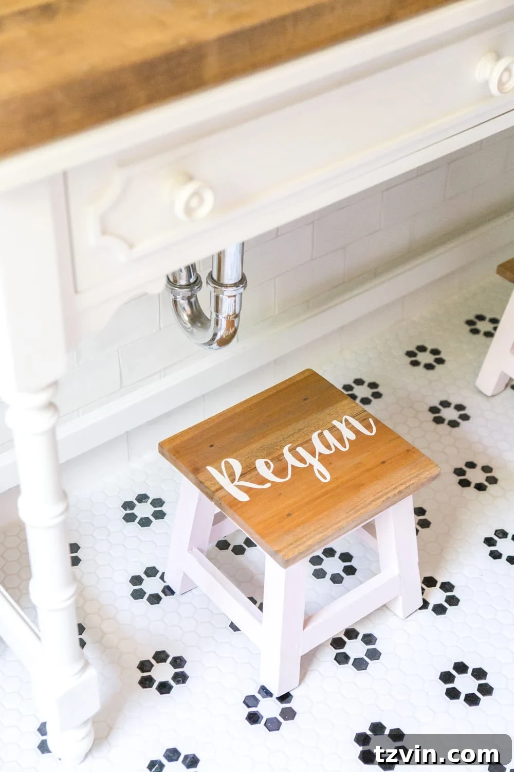 Craft Your Own Custom Step Stool 14 DIY Personalized Step Stools - Two custom wooden step stools side by side. #personalizedstepstool #diysign #diymonogram