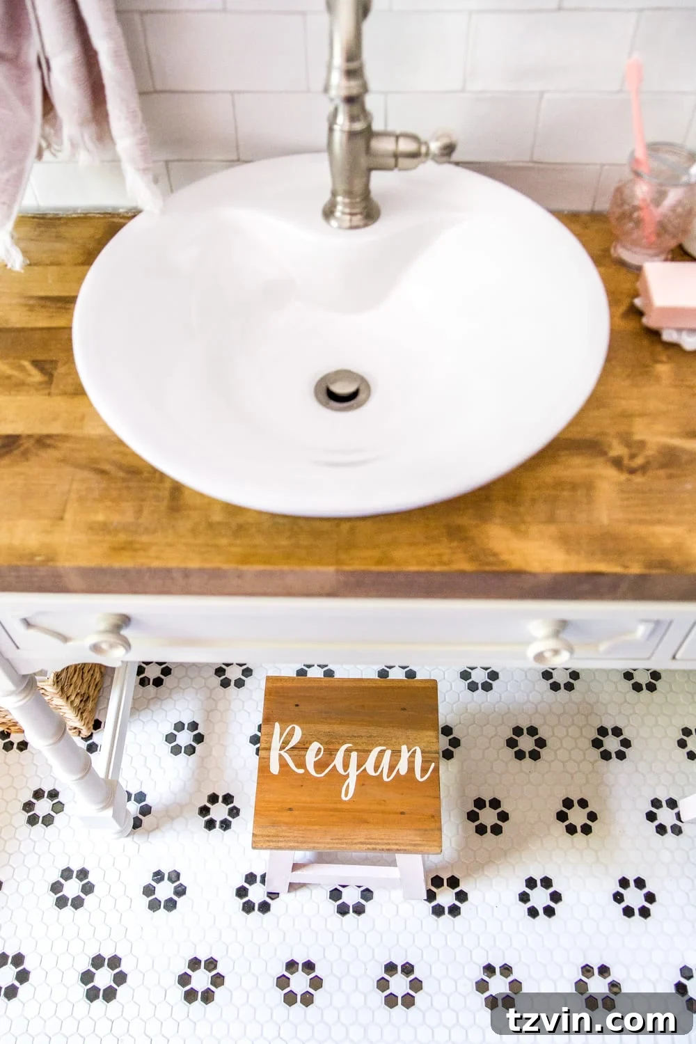 Craft Your Own Custom Step Stool 15 DIY Personalized Step Stools - Kids' personalized step stools in a bathroom setting. #personalizedstepstool #diysign #diymonogram