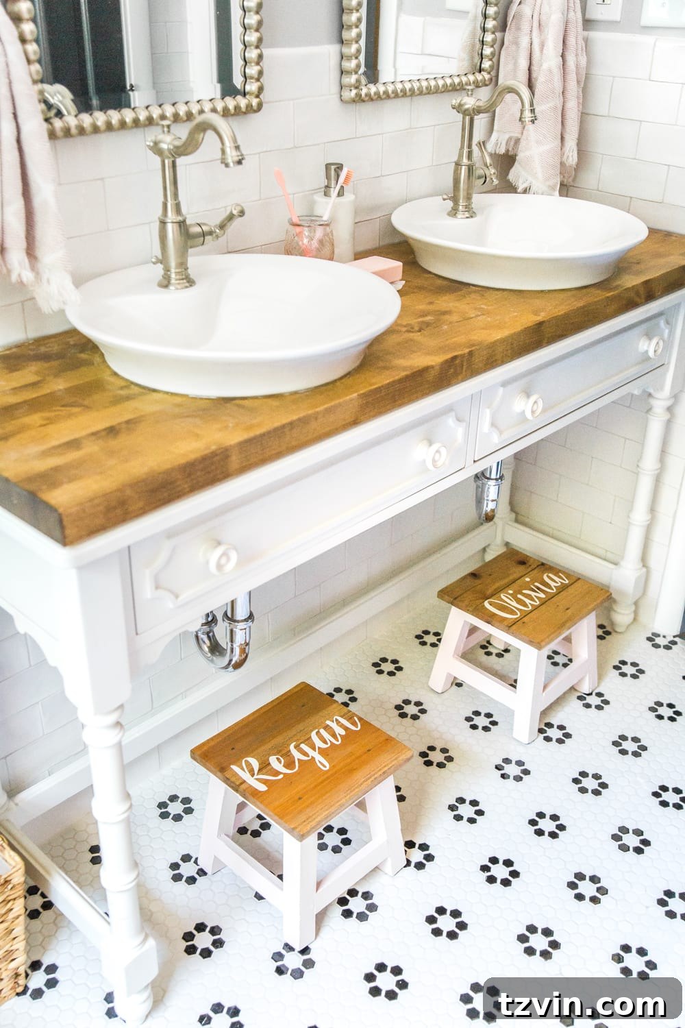 Craft Your Own Custom Step Stool 16 DIY Personalized Step Stools - Close-up of personalized step stool in a child's bathroom. #personalizedstepstool #diysign #diymonogram