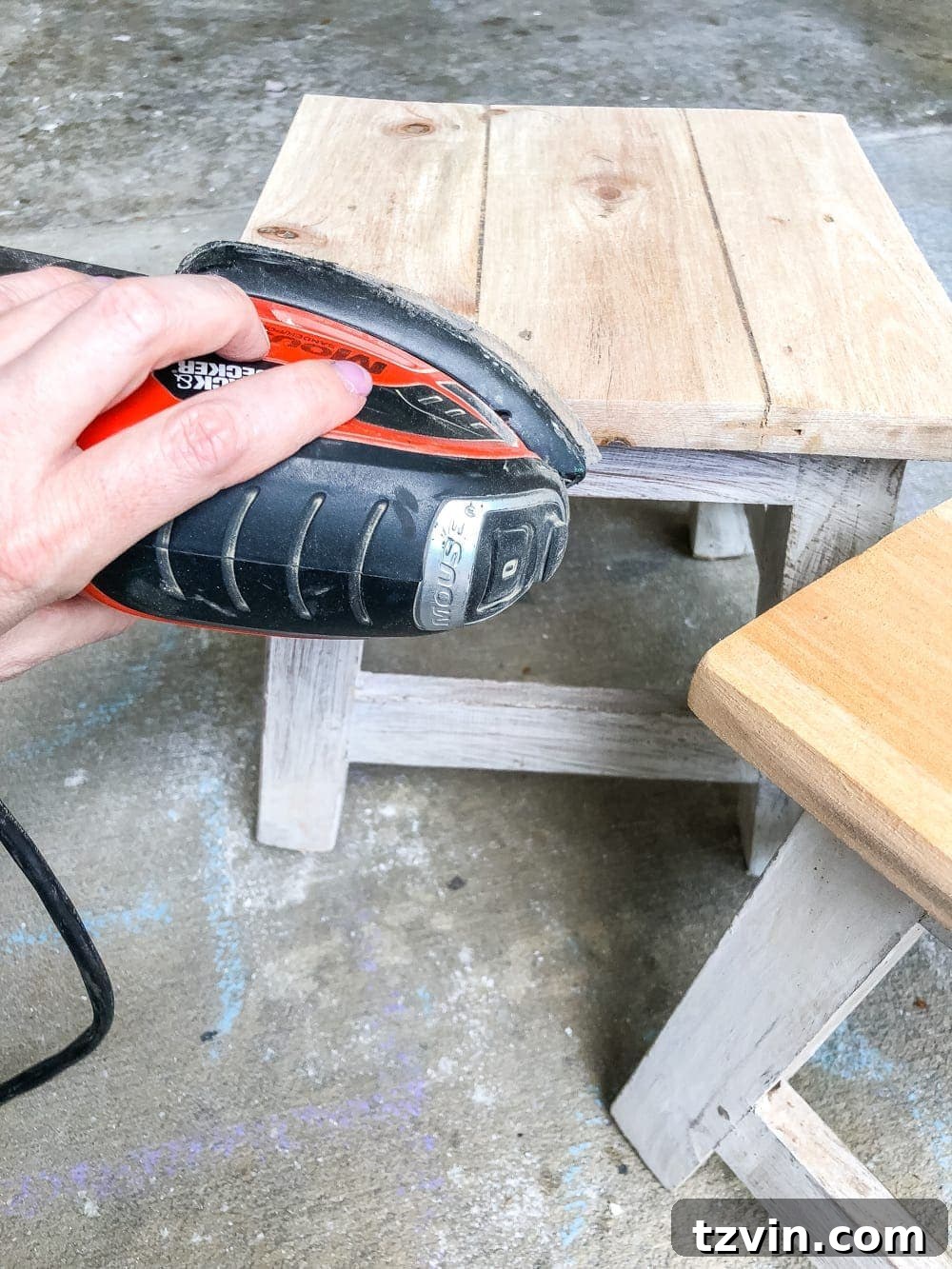 Craft Your Own Custom Step Stool 4 DIY Personalized Step Stools - Sanding wood tops for personalization project. #personalizedstepstool #diysign #diymonogram